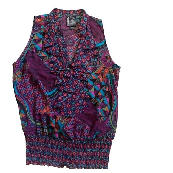 Bisou Bisou Sleeveless Sheer Ruffle V-Neck Smock Waist Top Sz S 70R - Picture 5 of 7